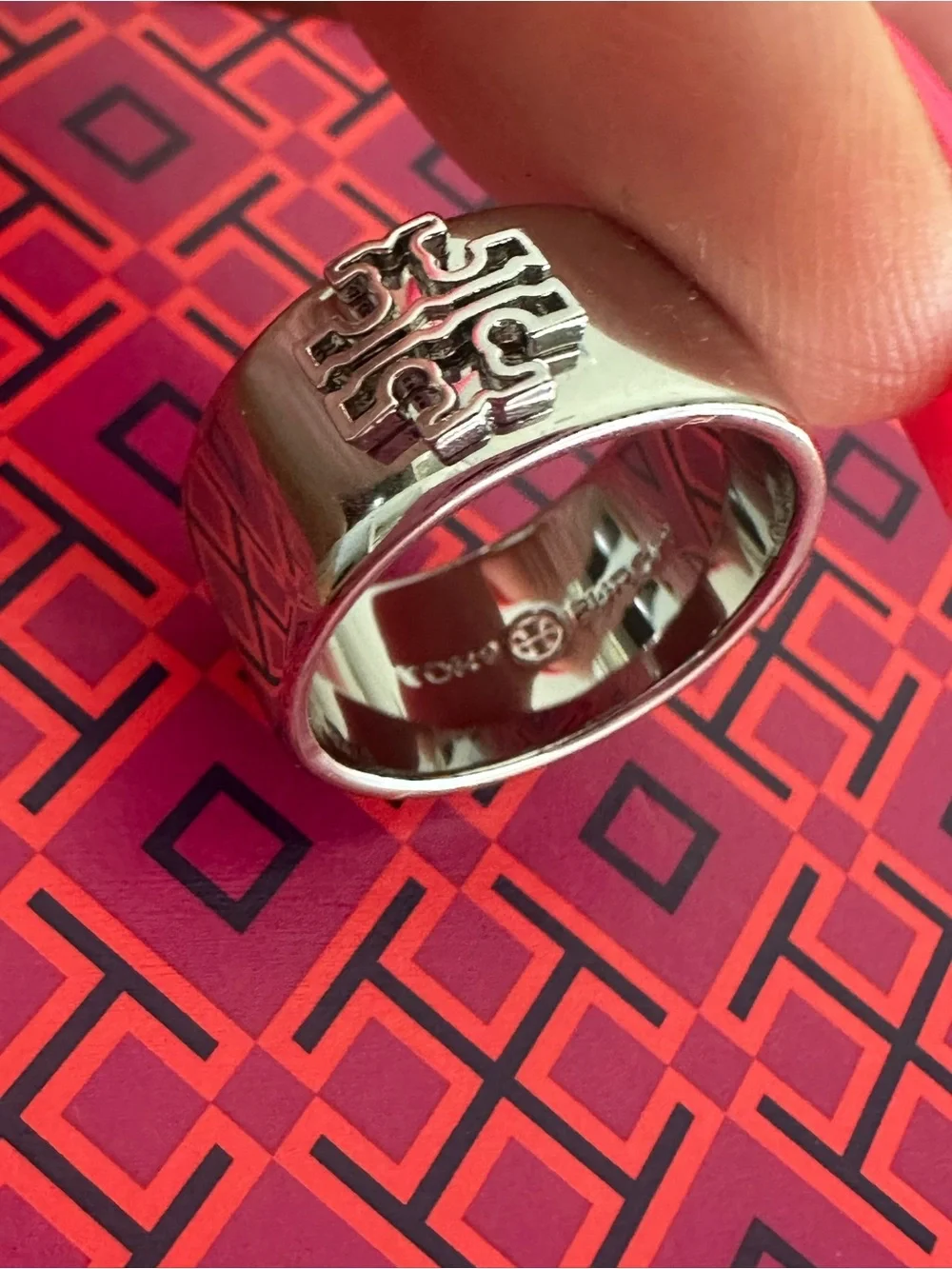 Tory Burch Silver Logo Band Ring